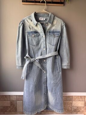 Skirted Fancy Light Wash Denim Trench Coat Dress with Belt